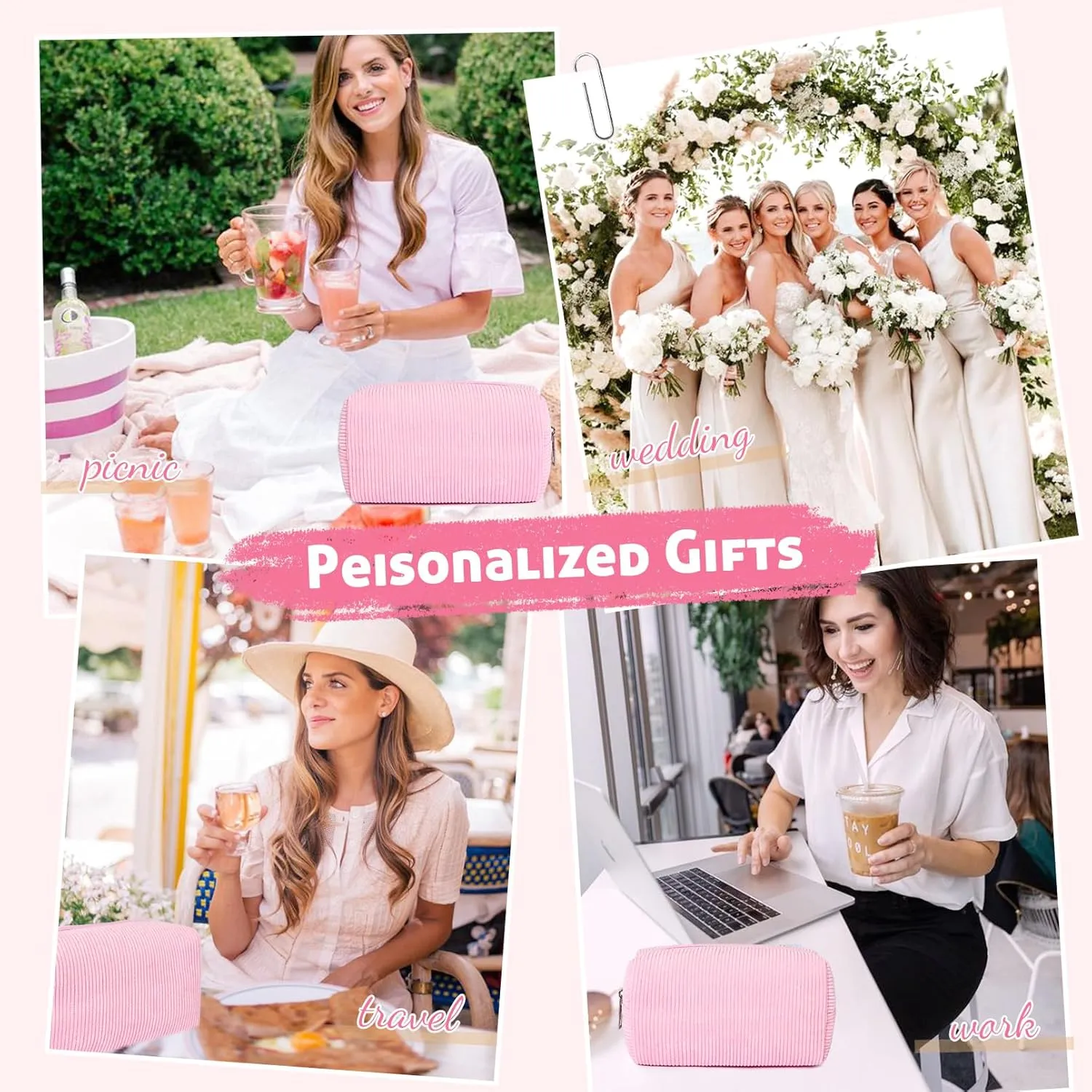 6PCS Bridesmaid Proposal Gifts Corduroy Pink makeup bag bulk for Wedding Party Favors Bachelorette party decorations Toiletry Organizer Bag Cosmetic Case Gift