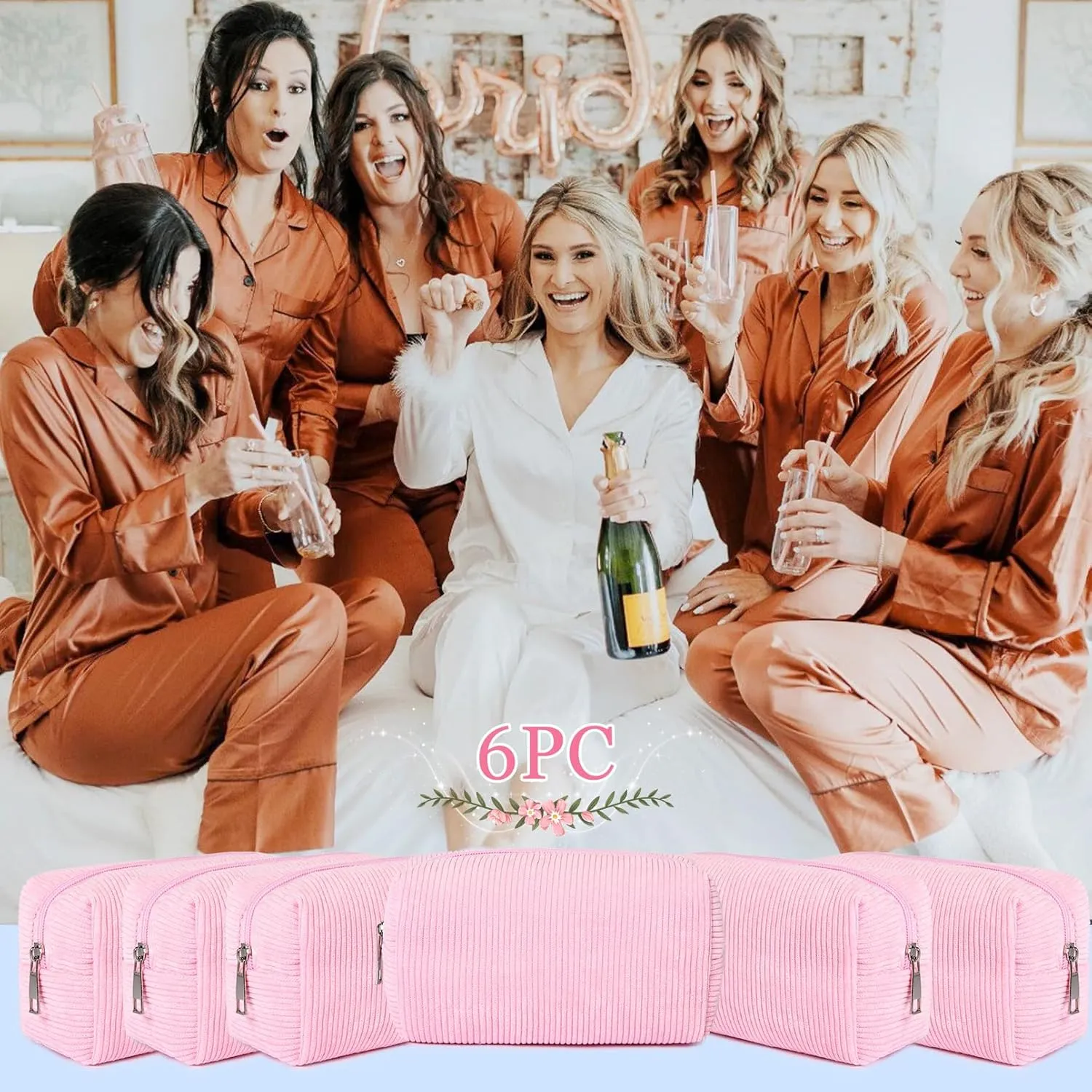 6PCS Bridesmaid Proposal Gifts Corduroy Pink makeup bag bulk for Wedding Party Favors Bachelorette party decorations Toiletry Organizer Bag Cosmetic Case Gift