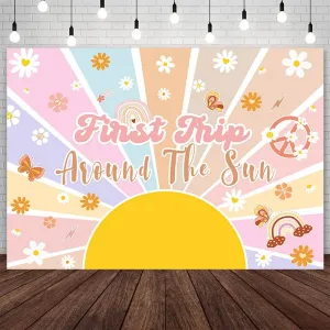7x5ft First Trip Around The Sun Backdrop Sunshine 1st Birthday Decorations Boho Retro Groovy One Birthday Party Banner Photo Studio Props