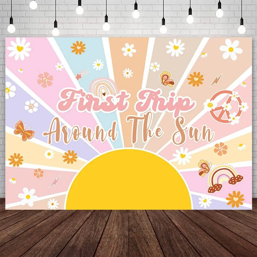 7x5ft First Trip Around The Sun Backdrop Sunshine 1st Birthday Decorations Boho Retro Groovy One Birthday Party Banner Photo Studio Props