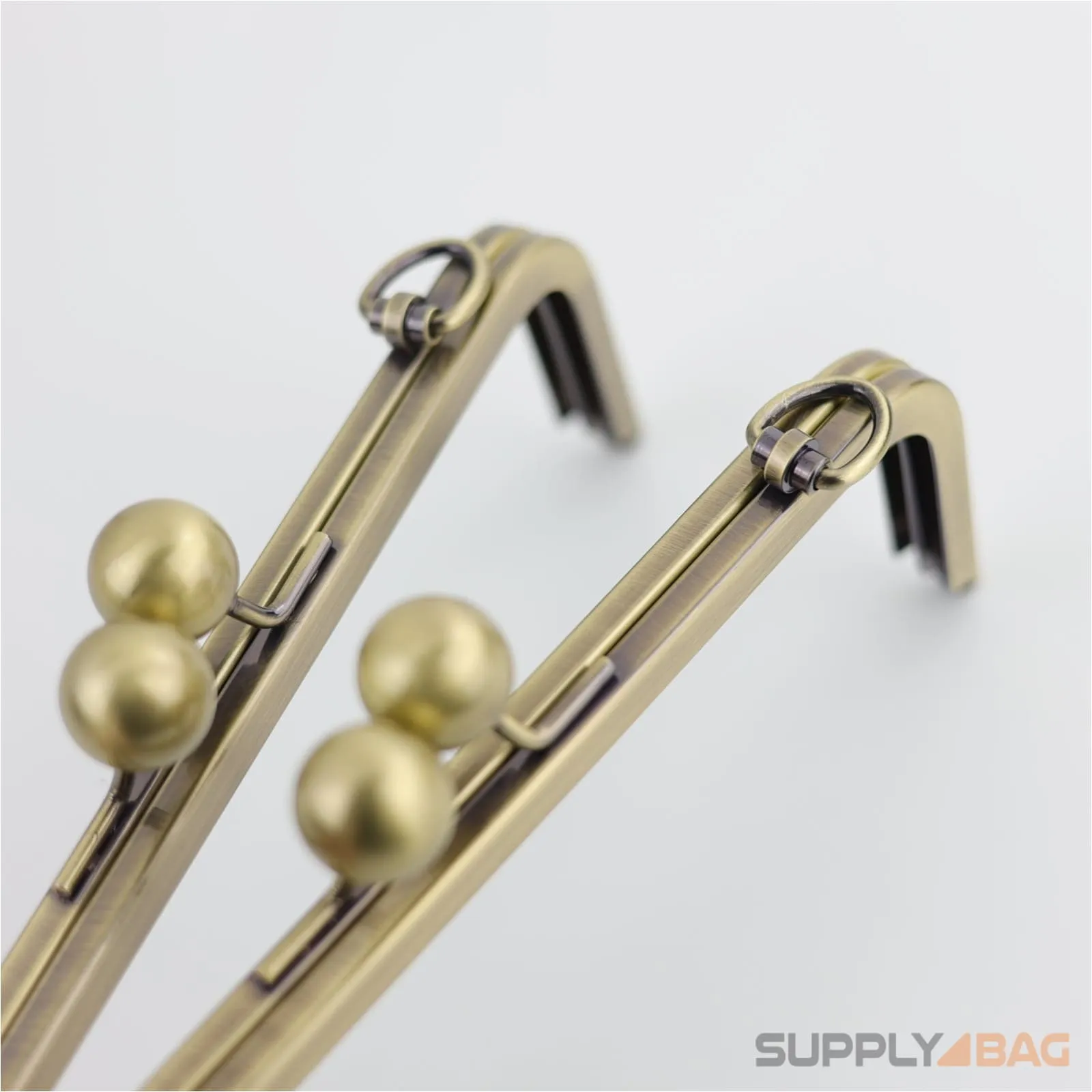8 x 2.5 inch - Kisslock Ball Clasp - Antique Brass Metal Purse Frame with D Rings