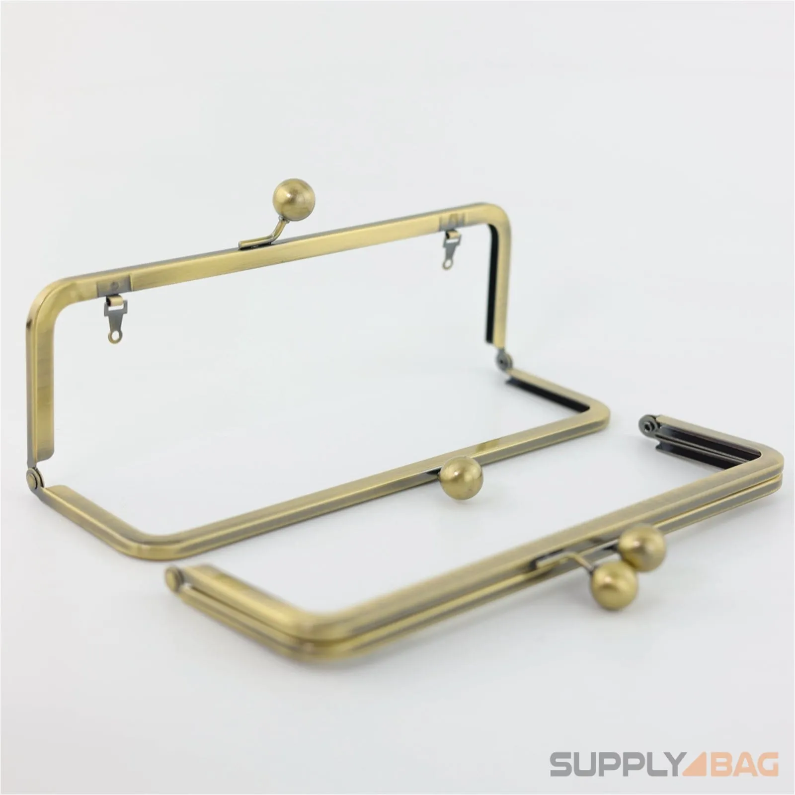 9 x 3 inch - Kisslock Ball Clasp - Antique Brass Metal Purse Frame with Chain Loops