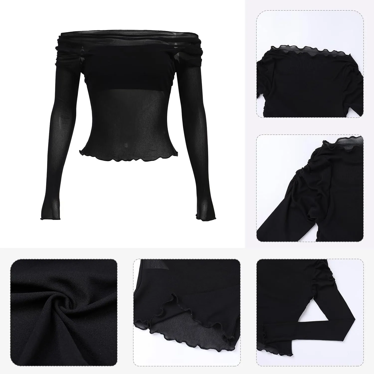 ABAFIP Women's Sheer Crop Top Ruched Ruffle Off Shoulder Mesh Cropped Long Sleeve Blouse Rave Tops
