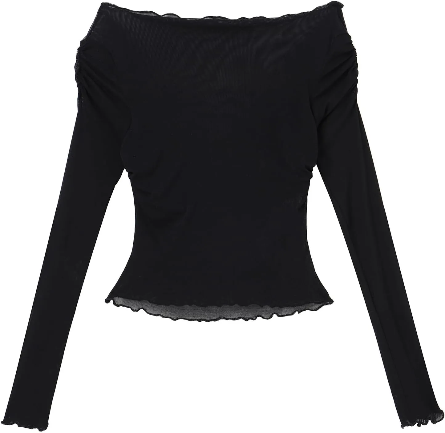 ABAFIP Women's Sheer Crop Top Ruched Ruffle Off Shoulder Mesh Cropped Long Sleeve Blouse Rave Tops