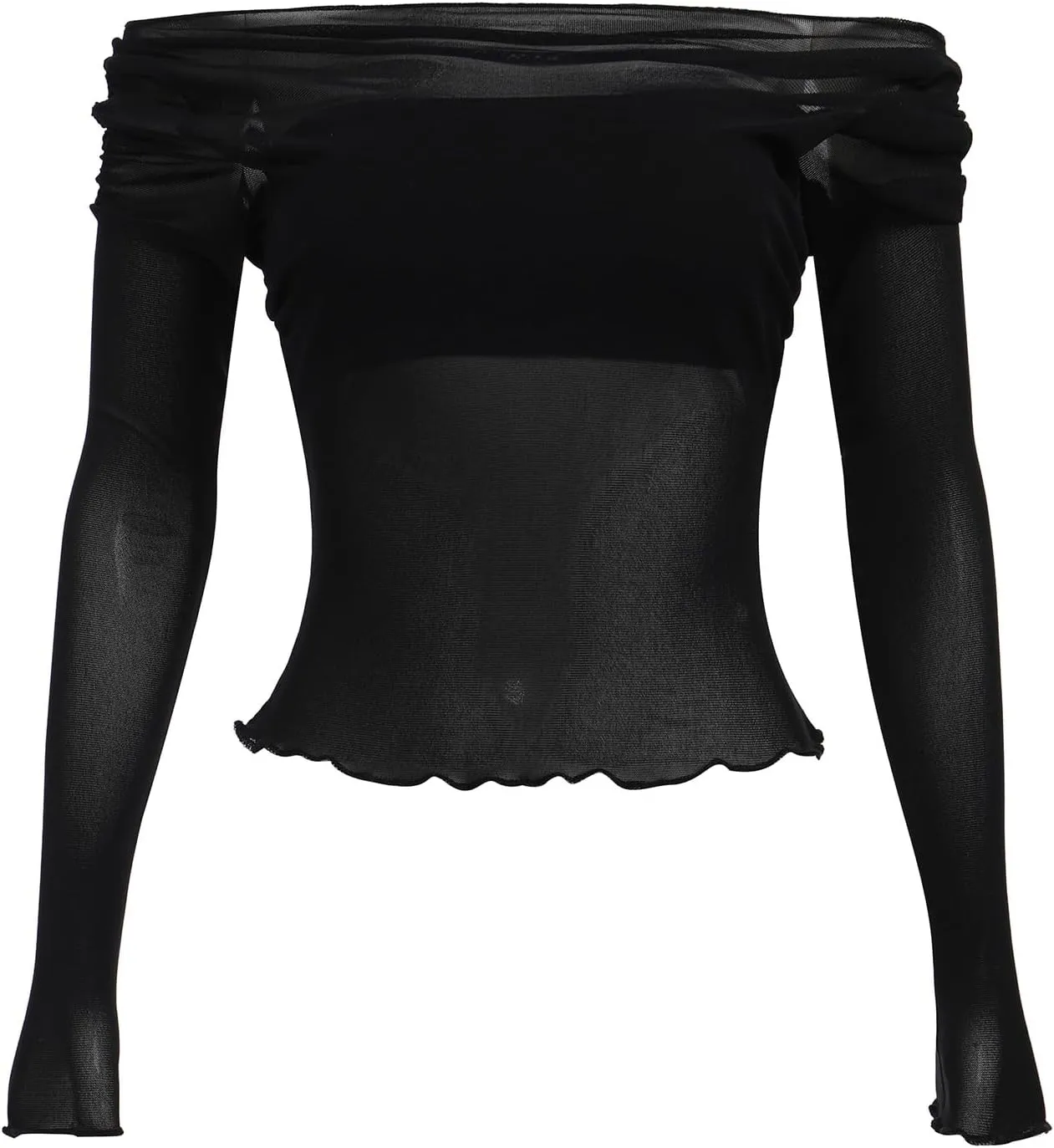 ABAFIP Women's Sheer Crop Top Ruched Ruffle Off Shoulder Mesh Cropped Long Sleeve Blouse Rave Tops