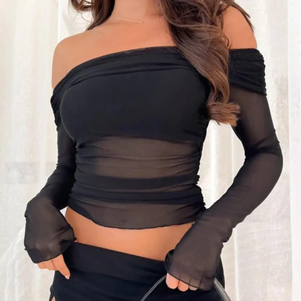 ABAFIP Women's Sheer Crop Top Ruched Ruffle Off Shoulder Mesh Cropped Long Sleeve Blouse Rave Tops