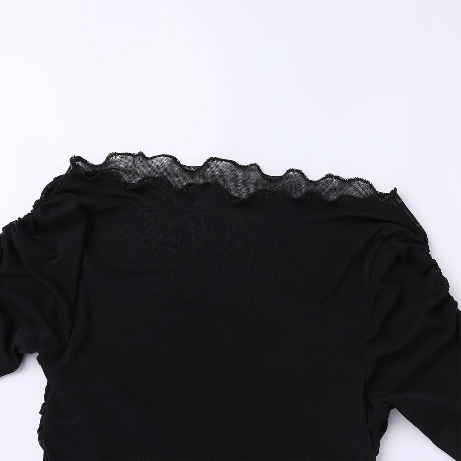 ABAFIP Women's Sheer Crop Top Ruched Ruffle Off Shoulder Mesh Cropped Long Sleeve Blouse Rave Tops