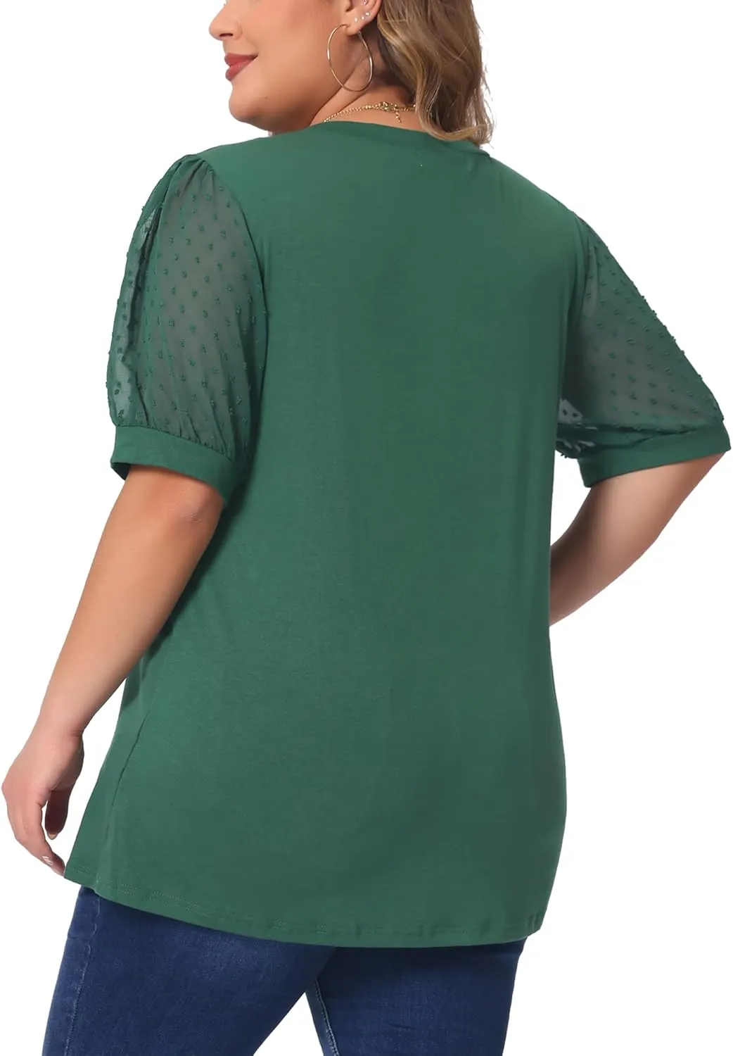 Agnes Orinda Plus Size Tops for Women V Neck Swiss Dots Puff Sleeve Shirts Loose Casual Blouses Tee Shirt