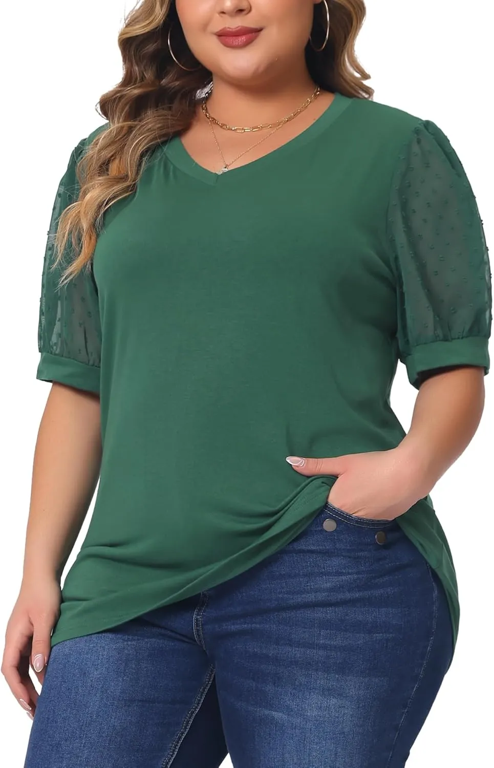 Agnes Orinda Plus Size Tops for Women V Neck Swiss Dots Puff Sleeve Shirts Loose Casual Blouses Tee Shirt