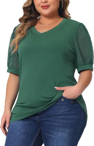 Agnes Orinda Plus Size Tops for Women V Neck Swiss Dots Puff Sleeve Shirts Loose Casual Blouses Tee Shirt