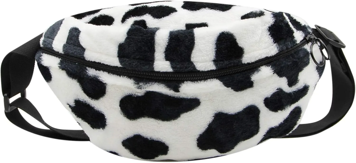 AIBEARTY Women Girls Fashion Cow Print Plush Waist Bag Fanny Pack Pouch Sport Belt Bag Hip Chest Crossbody Shoulder Purse