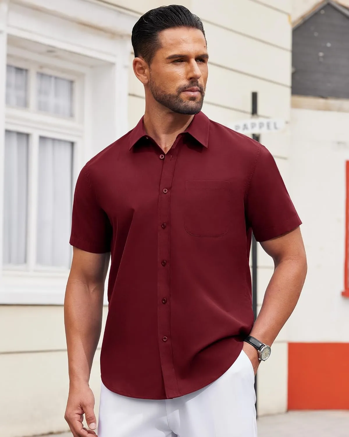 Alimens & Gentle Mens Short Sleeve Dress Shirt Wrinkle Free Solid Casual Button Down Shirts for Summer Business Wedding