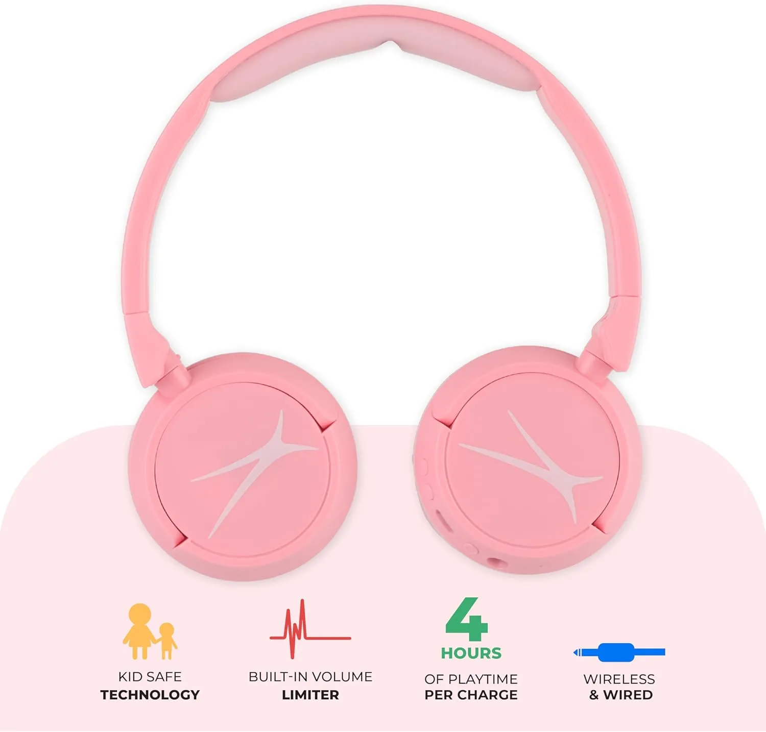 Altec Lansing - Kid Safe 2-in-1 Bluetooth Headphones, Safe Volume Limiting, Foldable Design, Enjoy Audio and Protect Your Child's Hearing (Pink)
