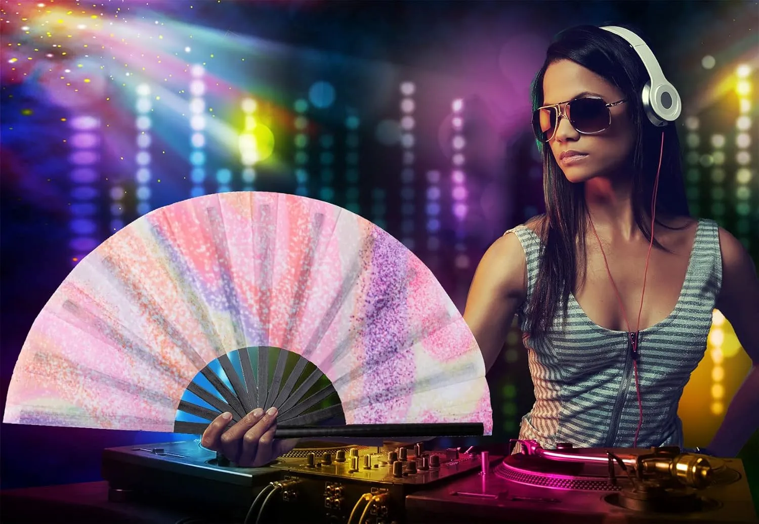 Amajiji Large Folding Hand Rave Fan Popping Fan for Line Dancing Clacking Fans for Boots On The Ground Dance,Party,Decoration,Festival (Psychedelic Neon)