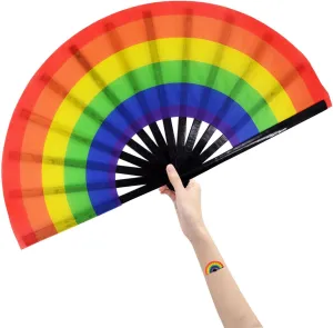 Amajiji Large Folding Hand Rave Fan Popping Fan for Line Dancing Clacking Fans for Boots On The Ground Dance,Party,Decoration,Festival (Rainbow)