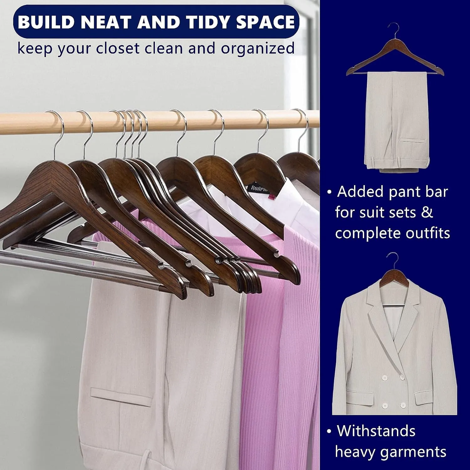 Amber Home 30 Pack Vintage Wooden Coat Hangers, Walunt Wood Suit Hangers with Non Slip Pant Bar, Clothes Hangers for Shirts, Jackets, Dress, Pant (Retro, 30)