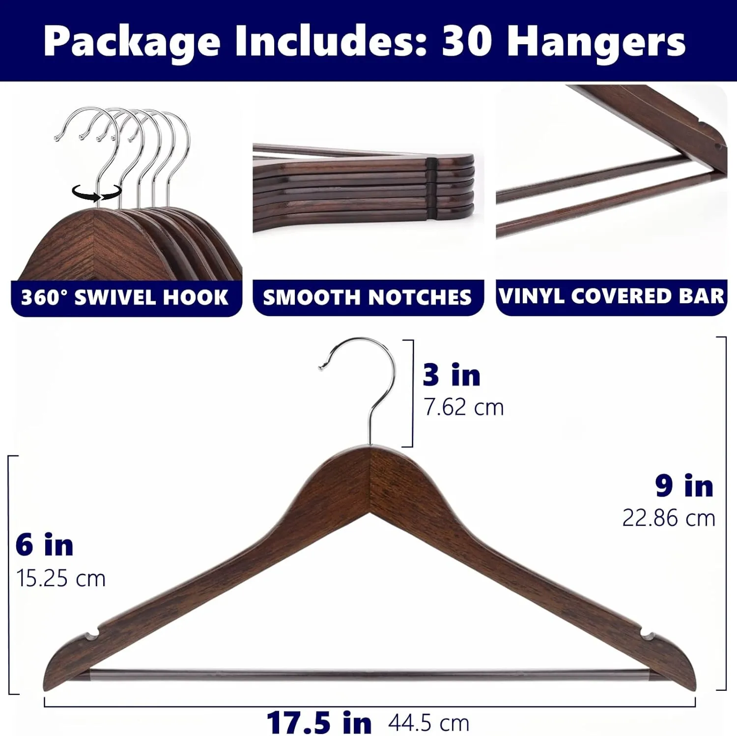 Amber Home 30 Pack Vintage Wooden Coat Hangers, Walunt Wood Suit Hangers with Non Slip Pant Bar, Clothes Hangers for Shirts, Jackets, Dress, Pant (Retro, 30)