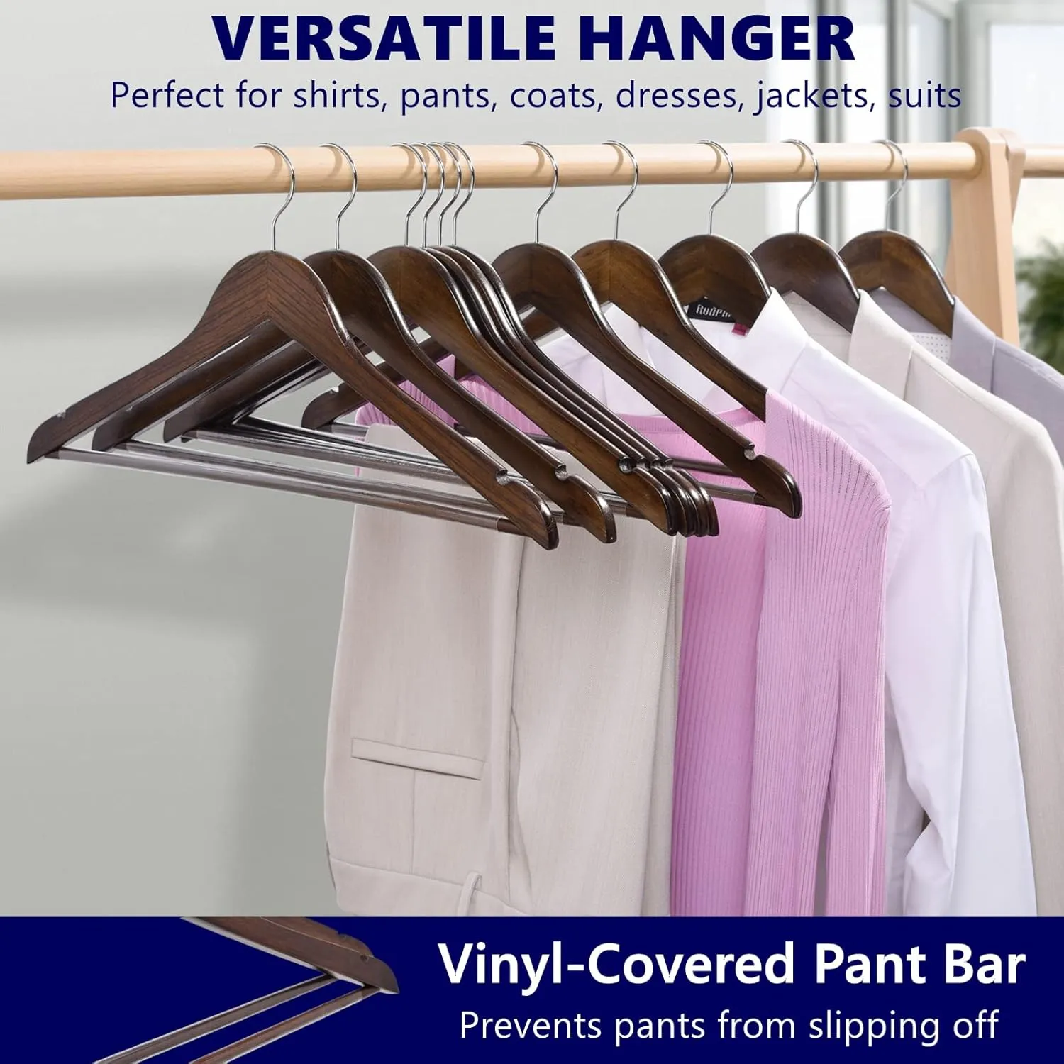 Amber Home 30 Pack Vintage Wooden Coat Hangers, Walunt Wood Suit Hangers with Non Slip Pant Bar, Clothes Hangers for Shirts, Jackets, Dress, Pant (Retro, 30)