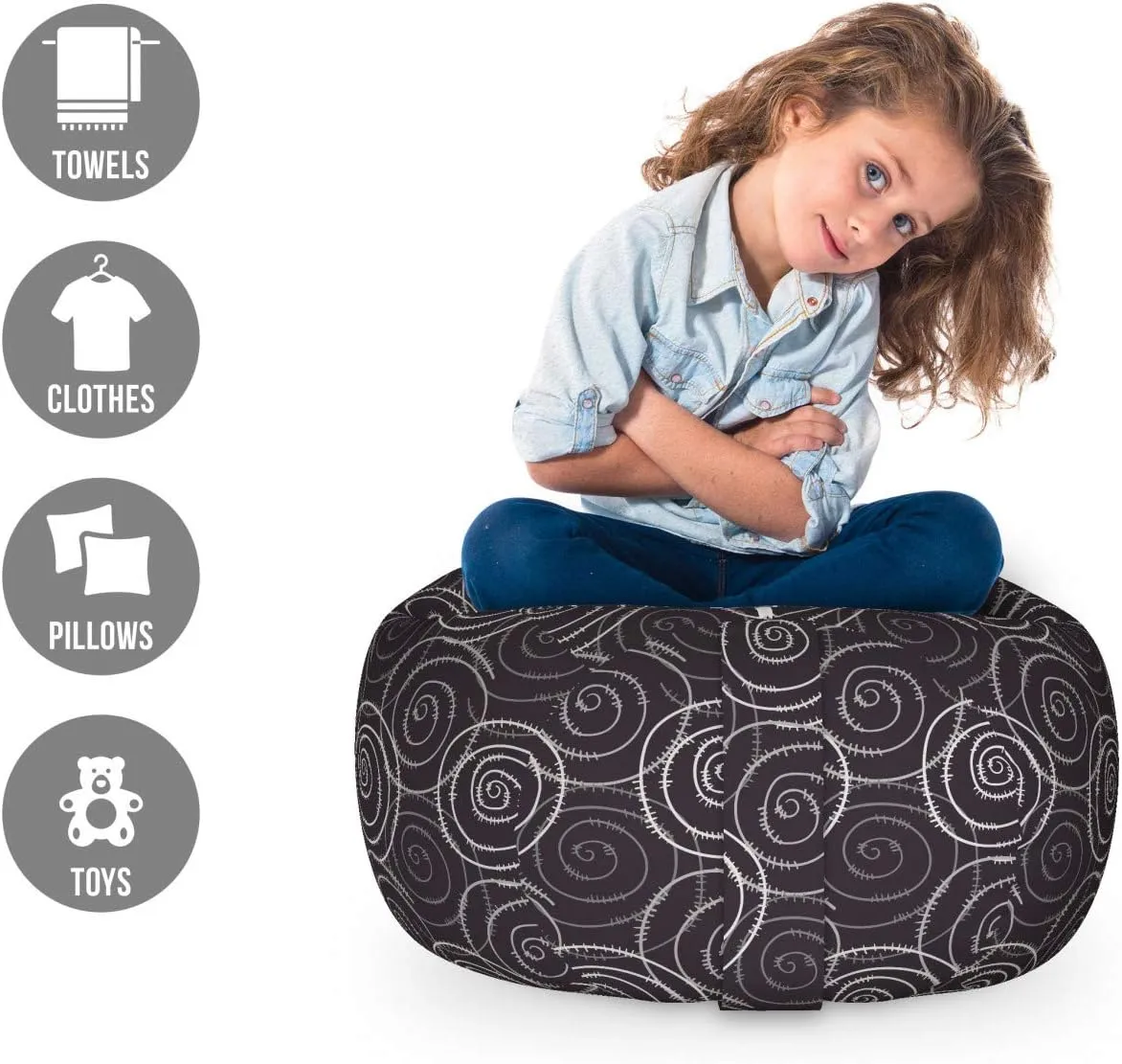 Ambesonne Abstract Storage Toy Bag Chair, Modern Repetition of Hand Drawn Whirlpools Print, Stuffed Animal Organizer Washable Bag, Small Size, Dark Purple Pale Grey
