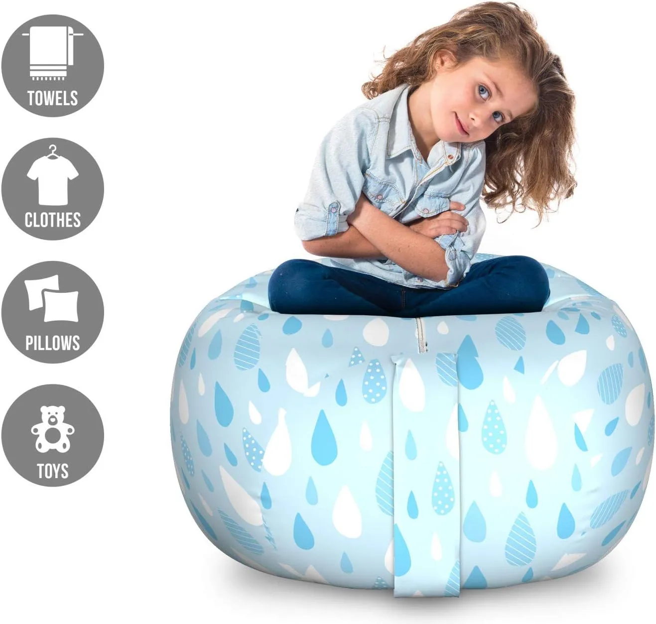 Ambesonne Abstract Storage Toy Bag Chair, Raindrops in Soft Tones Doodle Pastel Cartoon Repetition, Stuffed Animal Organizer Washable Bag, Large Size, Pale Blue White
