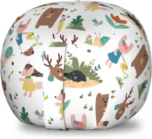 Ambesonne Animal Storage Toy Bag Chair, Funny Adventure in Woodland Themed Happy Deer Mole and Leafy Flowers Huddle Pattern, Stuffed Animal Organizer Washable Bag, Small Size, Multicolor