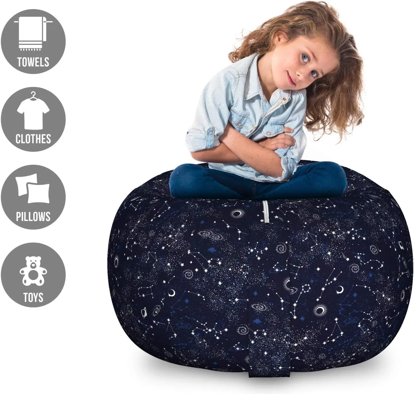 Ambesonne Blue Sky Storage Toy Bag Chair for Home & Room Organization Repeating Stars Constellation Galaxy Theme Science Outer Space Print Stuffed Animal Organizer Washable Bag Large Size Night Blue