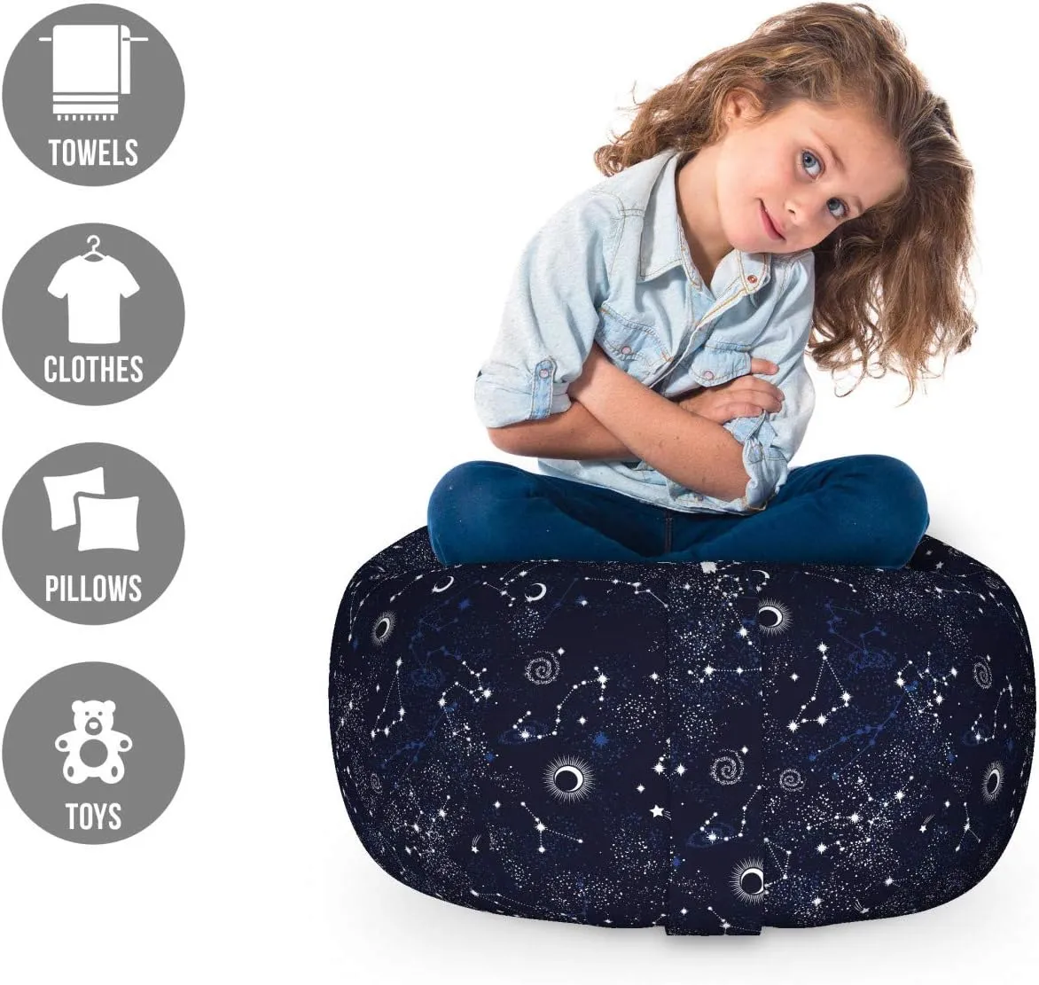 Ambesonne Blue Sky Storage Toy Bag Chair, Repeating Stars Constellation Galaxy Theme Science Outer Space Print, Stuffed Animal Organizer Washable Bag, Small Size, Night Blue