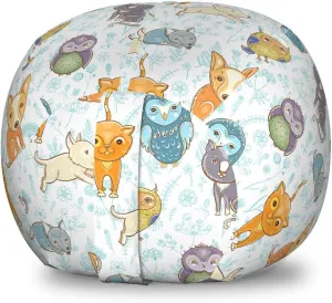 Ambesonne Cartoon Storage Toy Bag Chair, Demonstration of Animals Kitten Puppy Fox Owls Fun Times Floral Background, Stuffed Animal Organizer Washable Bag, Small Size, Multicolor