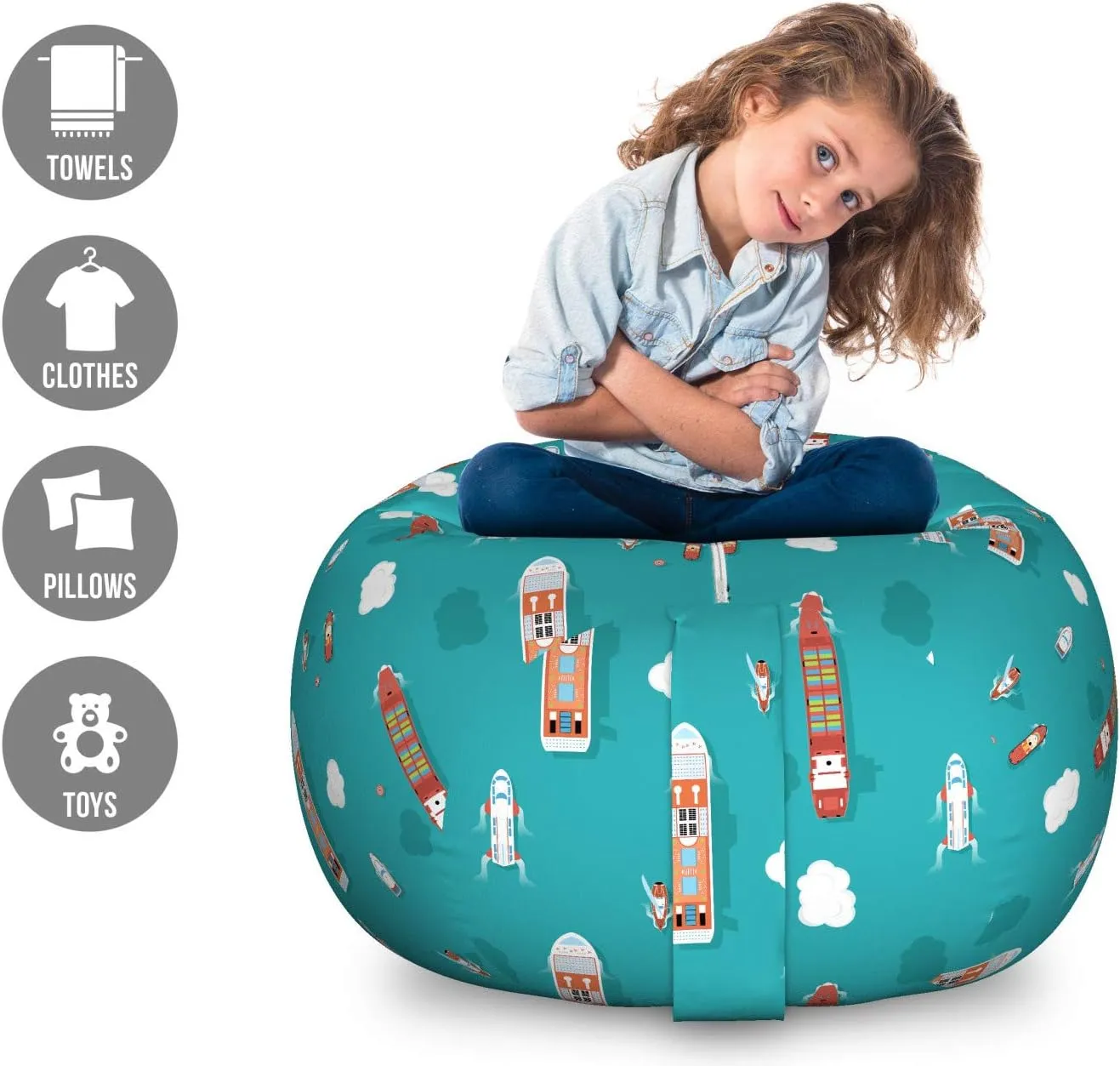 Ambesonne Cruise Ship Storage Toy Bag Chair, Top View Sea Ships Water and Yacht Boat Transport Cruise Travel Illustration, Stuffed Animal Organizer Washable Bag, Large Size, Aqua Teal
