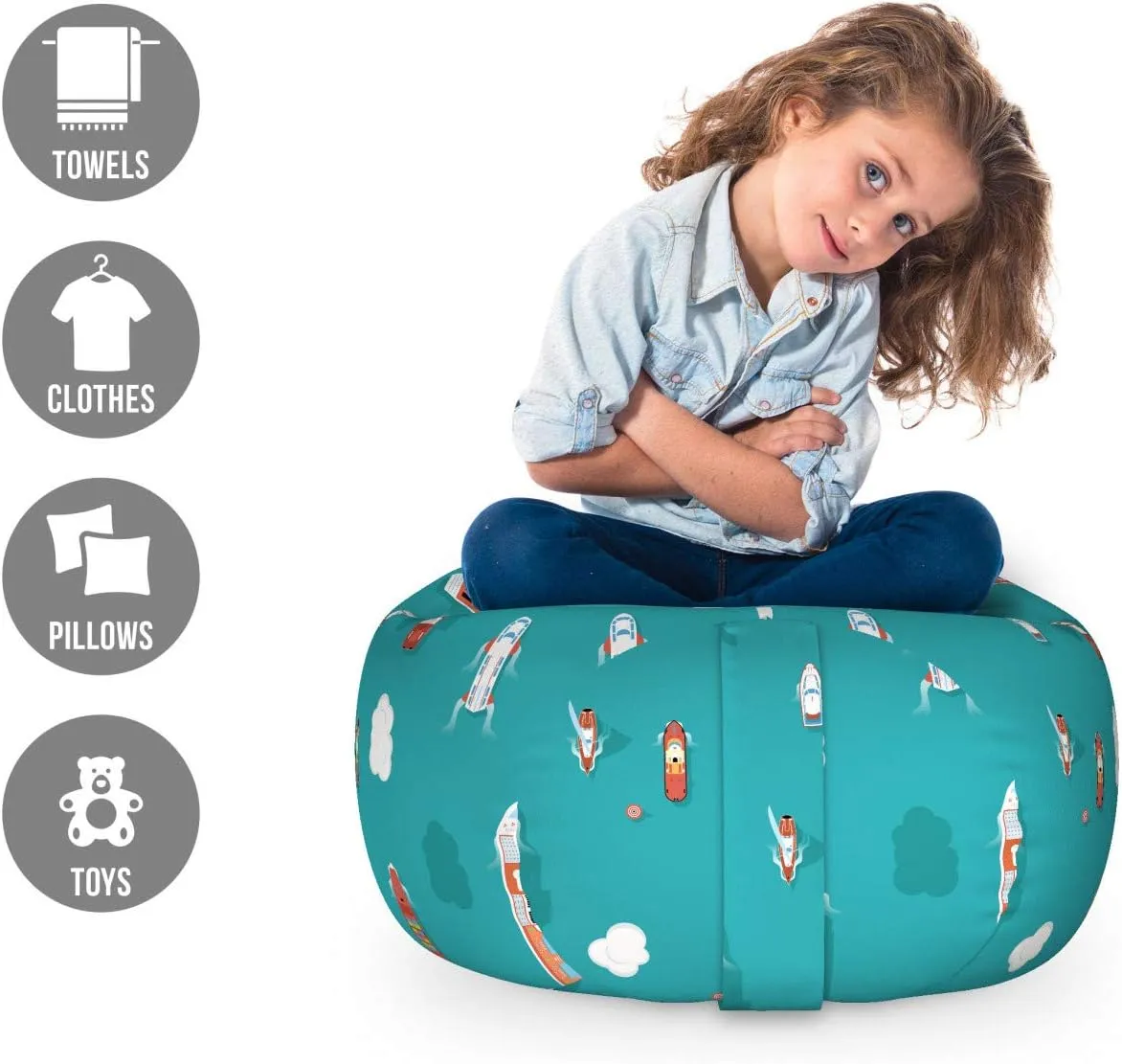 Ambesonne Cruise Ship Storage Toy Bag Chair, Top View Sea Ships Water and Yacht Boat Transport Cruise Travel Illustration, Stuffed Animal Organizer Washable Bag, Small Size, Aqua Teal
