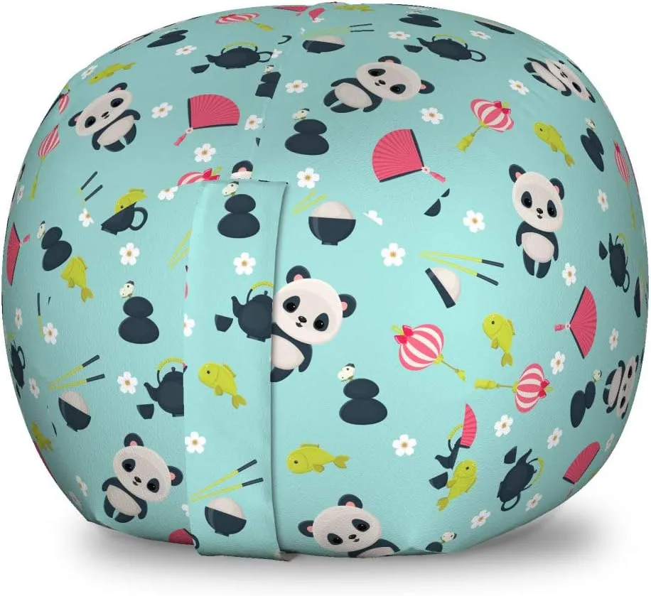 Ambesonne East Storage Toy Bag Chair, Panda Bears Koi Fishes Chopsticks Tea and Ricebowl Japanese Far Eastern Illustration, Stuffed Animal Organizer Washable Bag, Small Size, Pale Blue