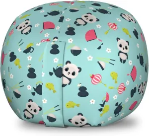 Ambesonne East Storage Toy Bag Chair, Panda Bears Koi Fishes Chopsticks Tea and Ricebowl Japanese Far Eastern Illustration, Stuffed Animal Organizer Washable Bag, Small Size, Pale Blue