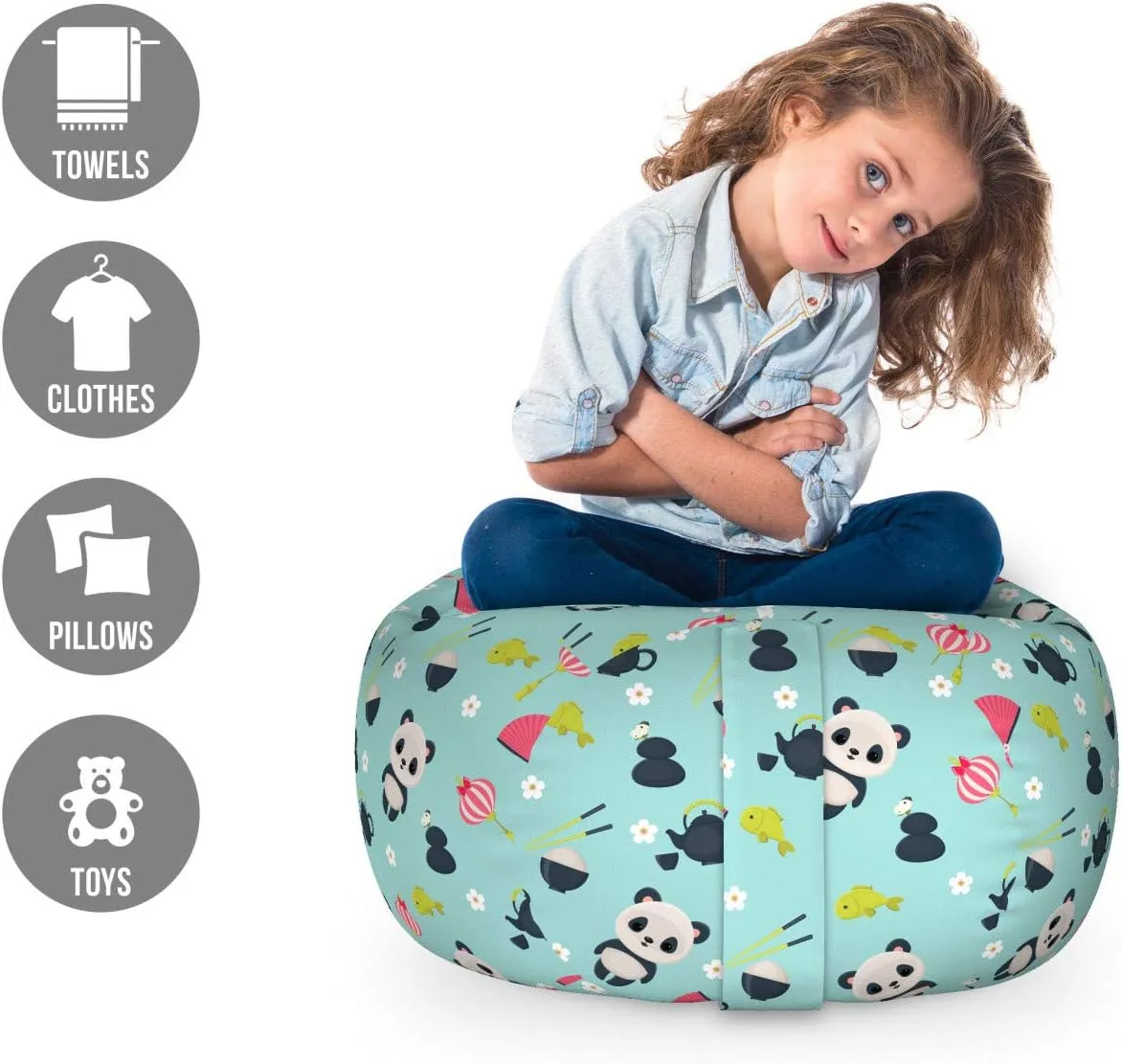 Ambesonne East Storage Toy Bag Chair, Panda Bears Koi Fishes Chopsticks Tea and Ricebowl Japanese Far Eastern Illustration, Stuffed Animal Organizer Washable Bag, Small Size, Pale Blue