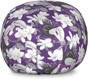 Ambesonne Floral Storage Toy Bag Chair, Plumeria Flowers and Toucan Bird Hand Drawn Demonstration on Violescent Backdrop, Stuffed Animal Organizer Washable Bag, Large Size, Grey and White