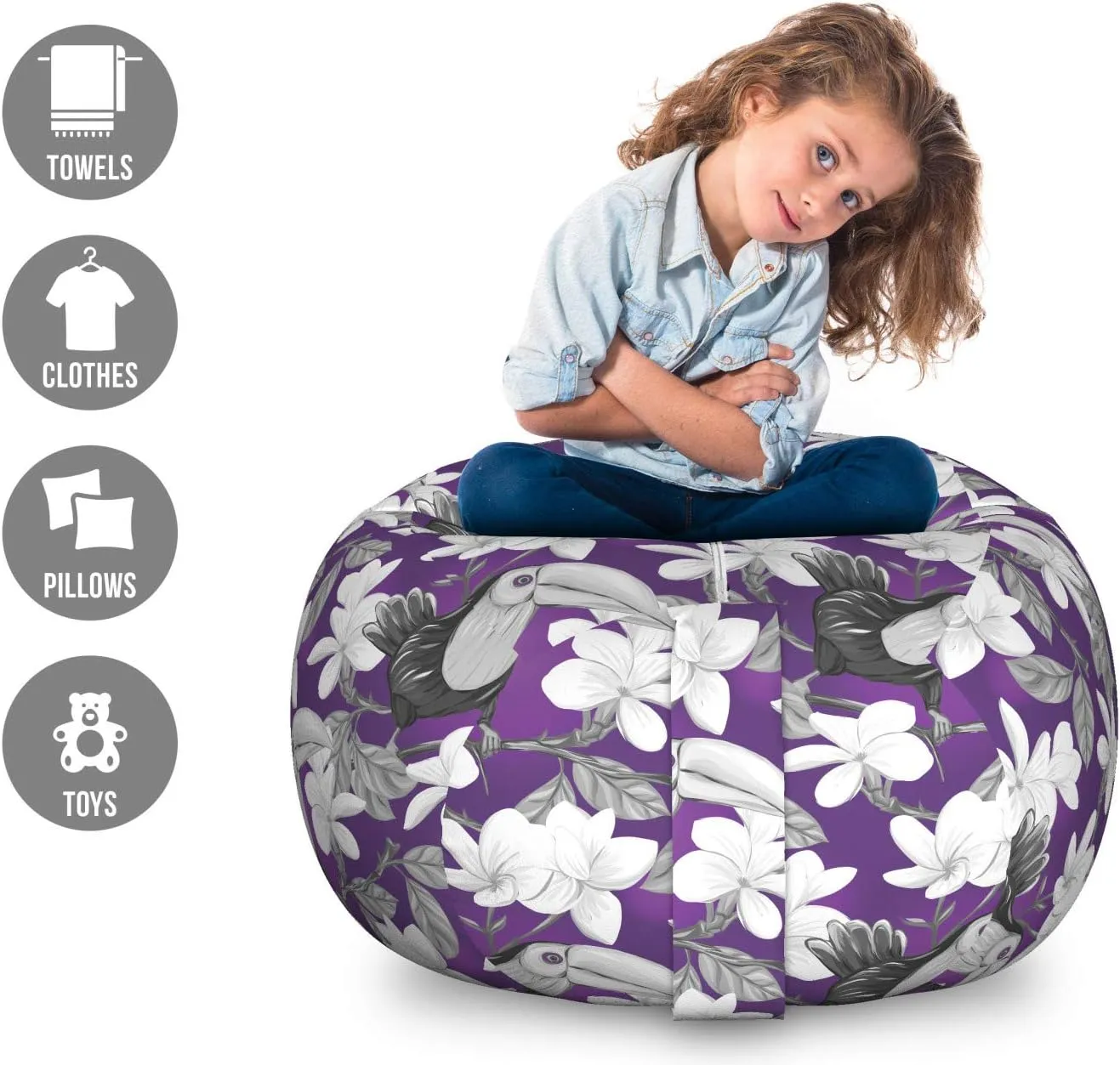 Ambesonne Floral Storage Toy Bag Chair, Plumeria Flowers and Toucan Bird Hand Drawn Demonstration on Violescent Backdrop, Stuffed Animal Organizer Washable Bag, Large Size, Grey and White