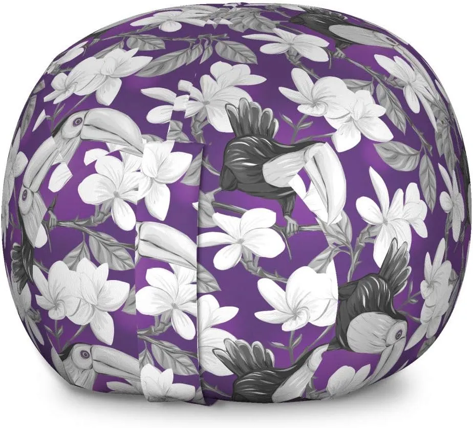 Ambesonne Floral Storage Toy Bag Chair, Plumeria Flowers and Toucan Bird Hand Drawn Demonstration on Violescent Backdrop, Stuffed Animal Organizer Washable Bag, Large Size, Grey and White