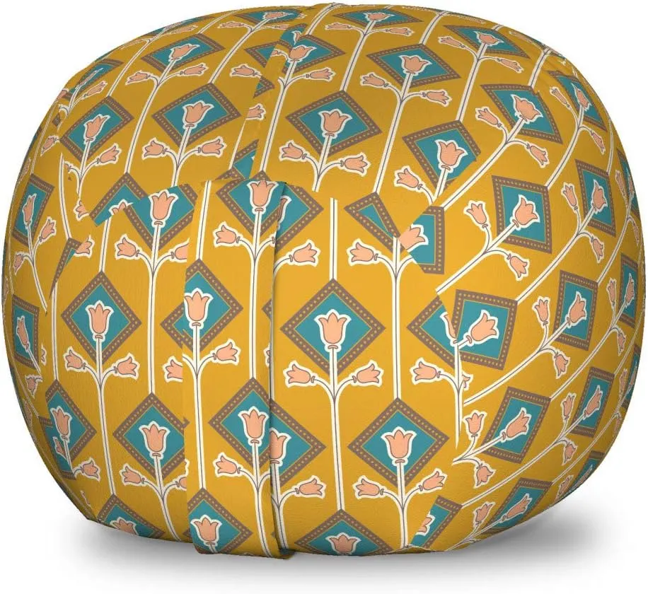 Ambesonne Floral Storage Toy Bag Chair, Simple Interpretation of Tulips in Rhombus, Stuffed Animal Organizer Washable Bag, Small Size, Yellow Dark Turquoise