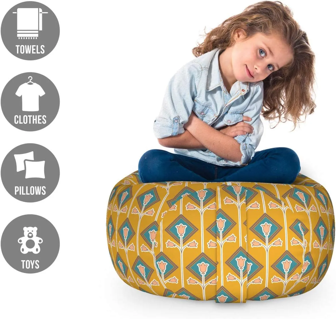 Ambesonne Floral Storage Toy Bag Chair, Simple Interpretation of Tulips in Rhombus, Stuffed Animal Organizer Washable Bag, Small Size, Yellow Dark Turquoise
