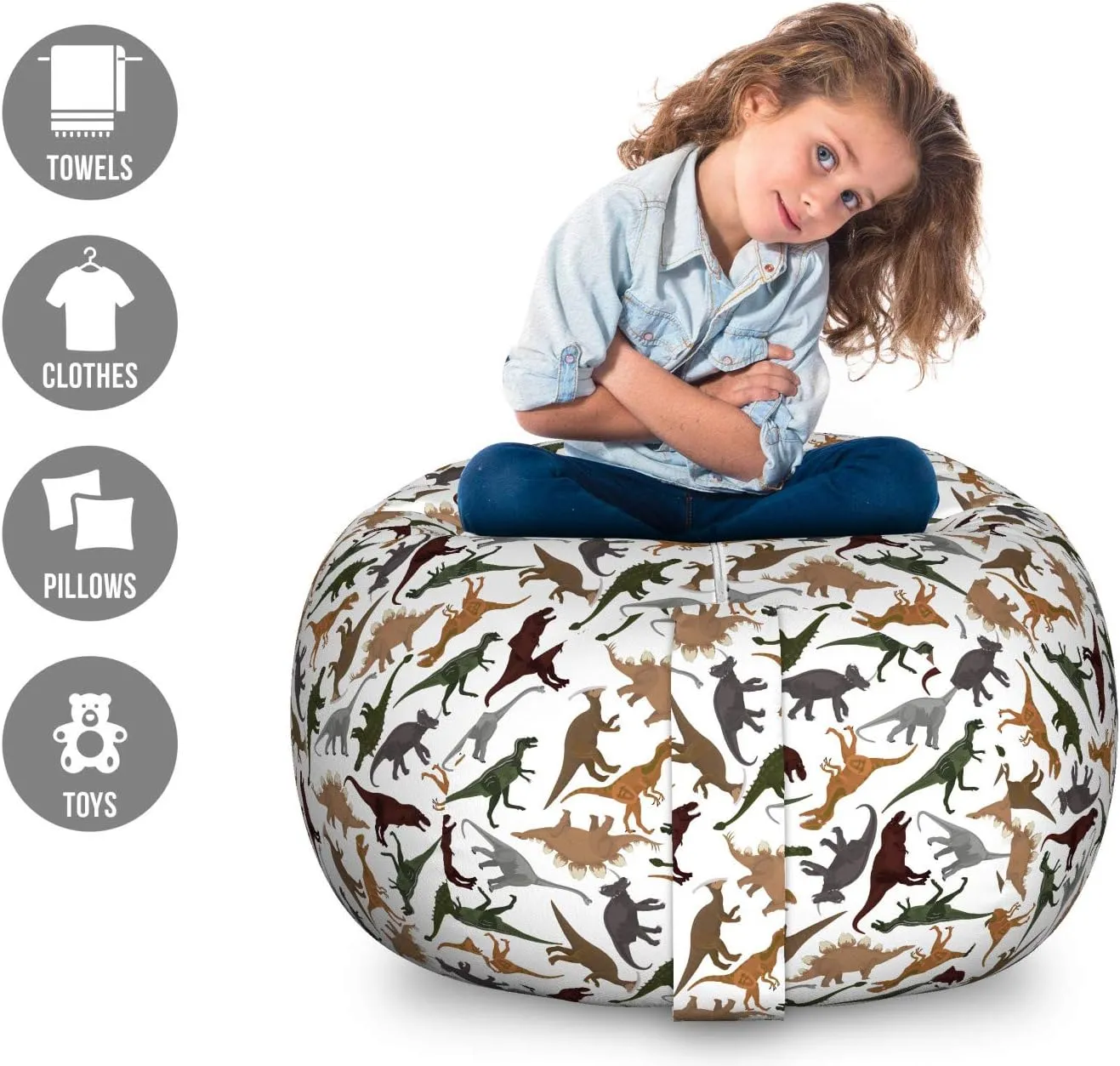 Ambesonne Jurassic Storage Toy Bag Chair, Pattern Dinosaurs Enormous Museum History Cartoony Illustration, Stuffed Animal Organizer Washable Bag, Large Size, Dark Orange Burgundy
