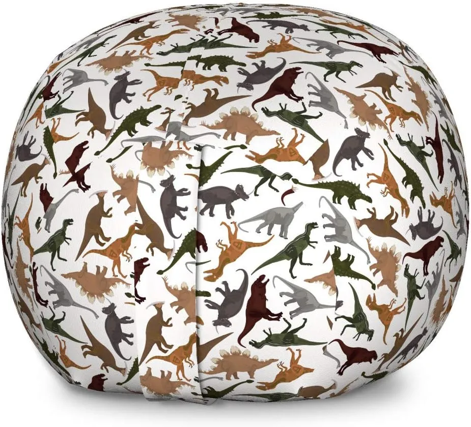 Ambesonne Jurassic Storage Toy Bag Chair, Pattern Dinosaurs Enormous Museum History Cartoony Illustration, Stuffed Animal Organizer Washable Bag, Large Size, Dark Orange Burgundy