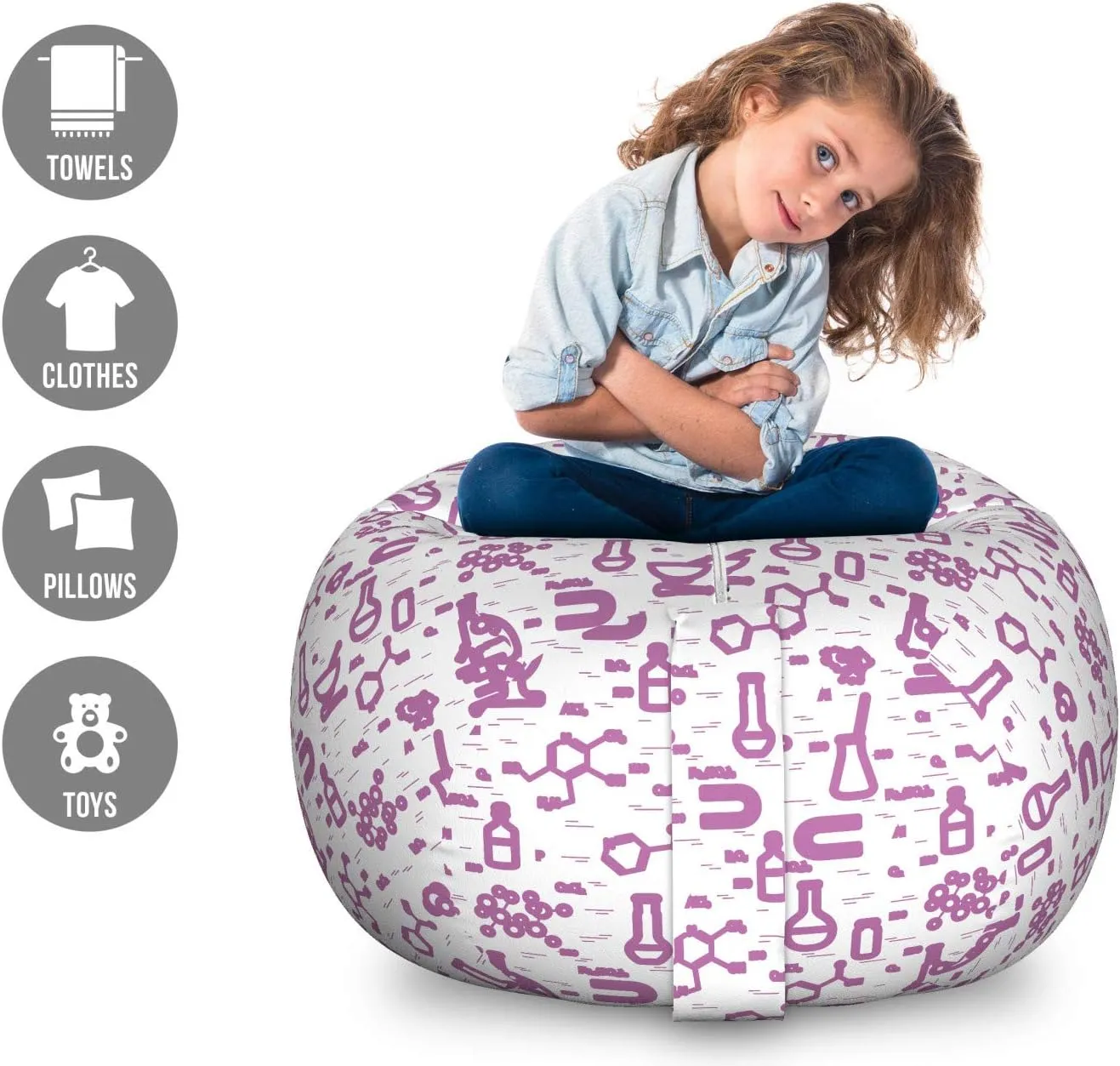 Ambesonne Lab Storage Toy Bag Chair, Scientific Research Elements Microscope Tubes and Signs and, Stuffed Animal Organizer Washable Bag, Large Size, Fuchsia and White