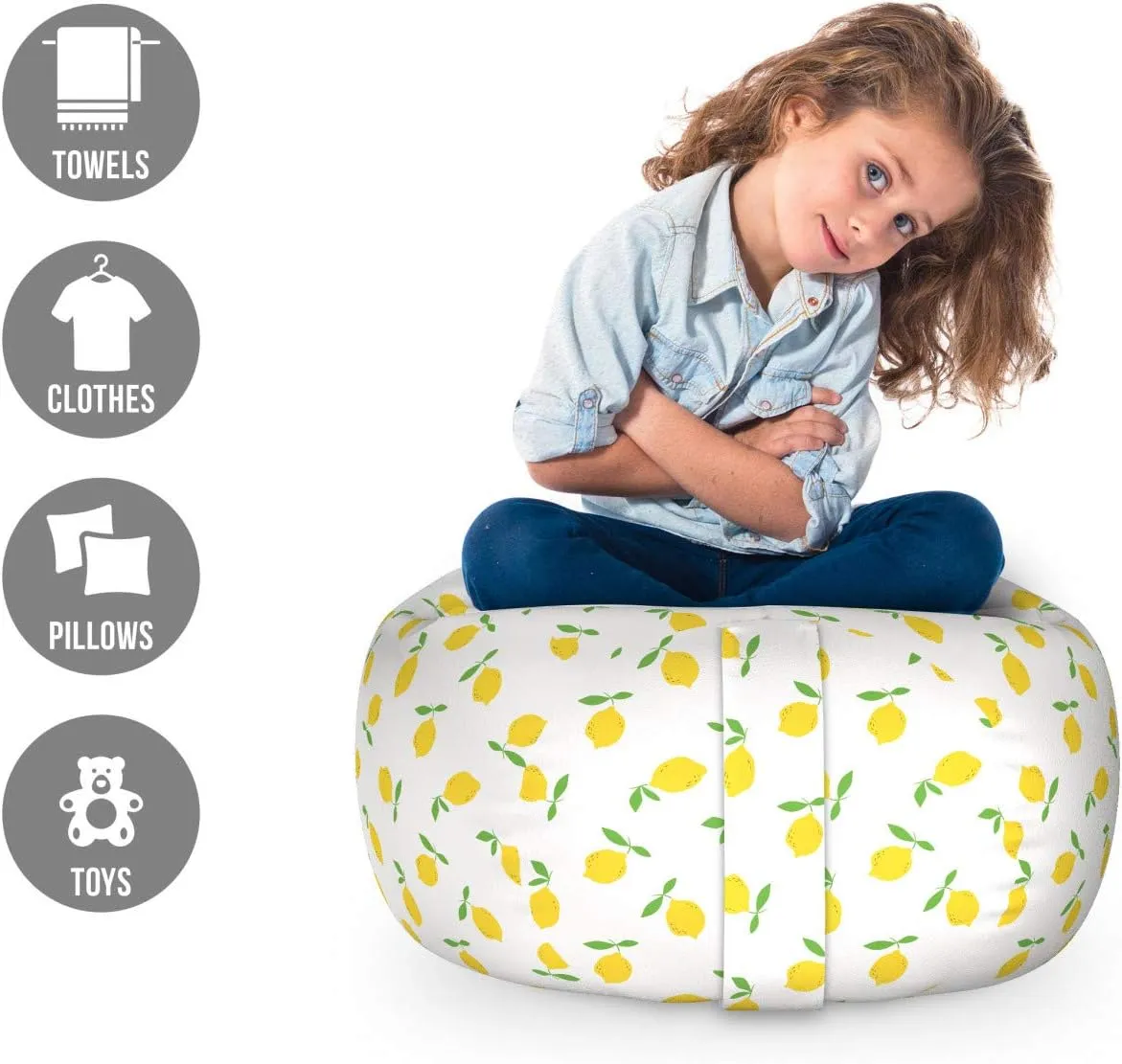 Ambesonne Lemon Storage Toy Bag Chair, Summer Pattern with Simple Cartoon Citrus Fruit Repetition, Stuffed Animal Organizer Washable Bag, Small Size, Mustard Lime Green