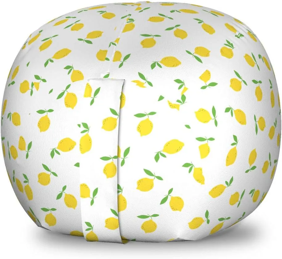 Ambesonne Lemon Storage Toy Bag Chair, Summer Pattern with Simple Cartoon Citrus Fruit Repetition, Stuffed Animal Organizer Washable Bag, Small Size, Mustard Lime Green