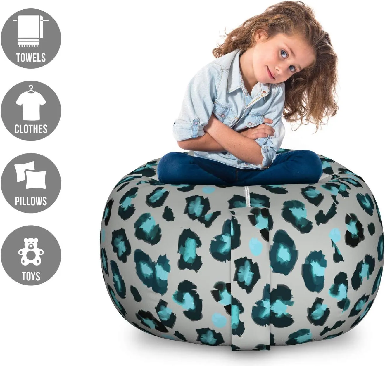 Ambesonne Leopard Storage Toy Bag Chair, Interpretation of Stain Like Motifs, Stuffed Animal Organizer Washable Bag, Large Size, Dimgray Teal
