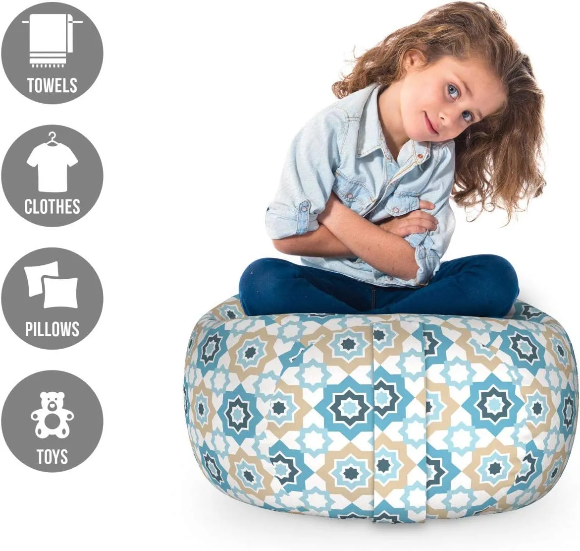 Ambesonne Moroccan Storage Toy Bag Chair, Style Traditional Star Shape Motifs Repetition, Stuffed Animal Organizer Washable Bag, Small Size, Deep Sky Blue Ecru