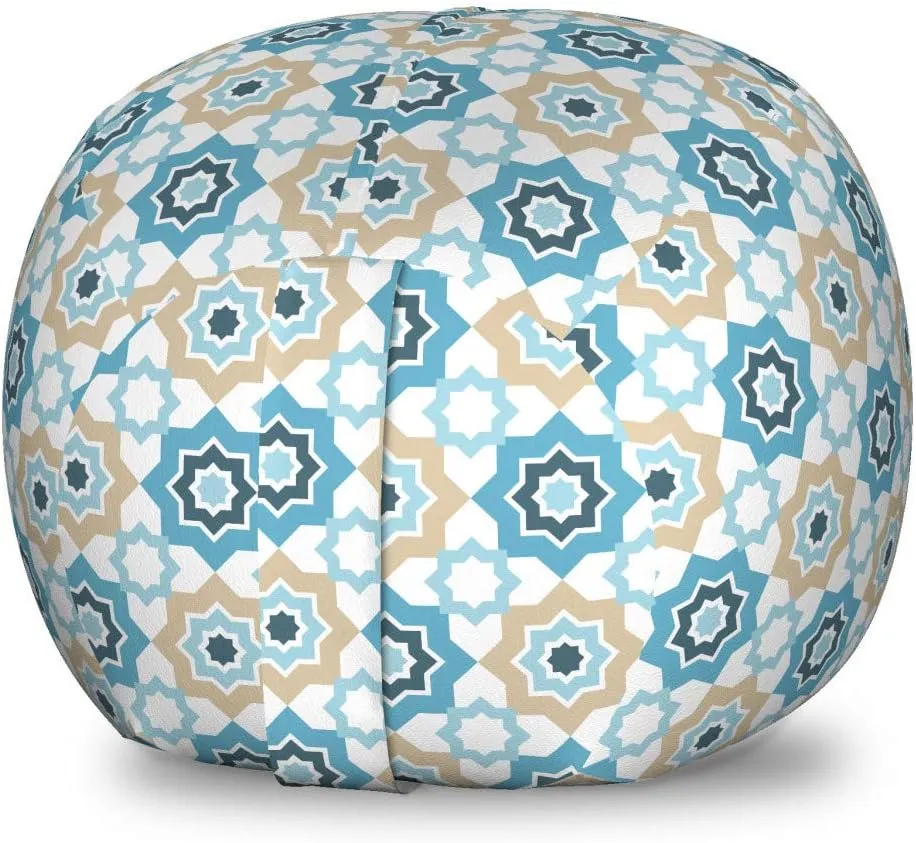 Ambesonne Moroccan Storage Toy Bag Chair, Style Traditional Star Shape Motifs Repetition, Stuffed Animal Organizer Washable Bag, Small Size, Deep Sky Blue Ecru