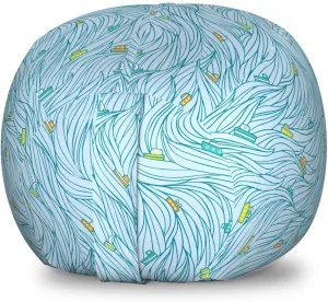 Ambesonne Nautical Storage Toy Bag Chair, Ships and Sailboats Ocean Waves Marine Sea Repetition, Stuffed Animal Organizer Washable Bag, Small Size, Azure Blue and Multicolor