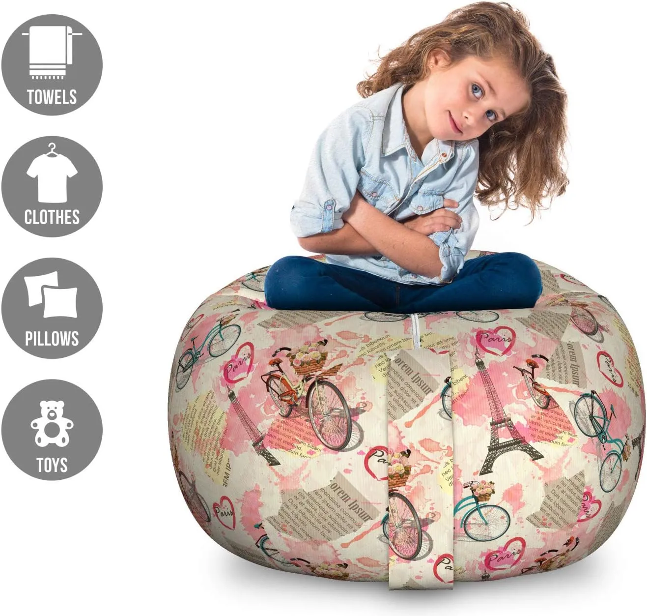 Ambesonne Paris Storage Toy Bag Chair, Landmark of France with Abstract Letterings Bike Hearts Art Print, Stuffed Animal Organizer Washable Bag, Large Size, Blue Pink