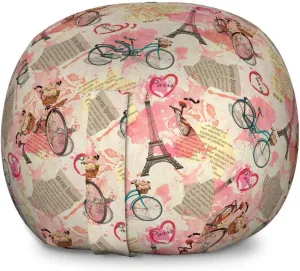Ambesonne Paris Storage Toy Bag Chair, Landmark of France with Abstract Letterings Bike Hearts Art Print, Stuffed Animal Organizer Washable Bag, Large Size, Blue Pink