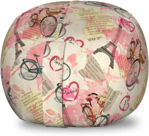 Ambesonne Paris Storage Toy Bag Chair, Landmark of France with Abstract Letterings Bike Hearts Art Print, Stuffed Animal Organizer Washable Bag, Small Size, Blue Pink